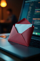 Envelope resting on laptop computer, suitable for digital communication