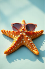 A starfish relaxing on a table wearing sunglasses