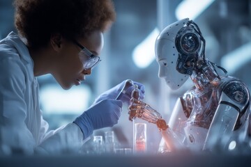 Scientist Conducting Experiment with Advanced Humanoid Robot in High-Tech Laboratory Setting