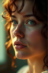 A close-up shot of a woman's face with striking red hair