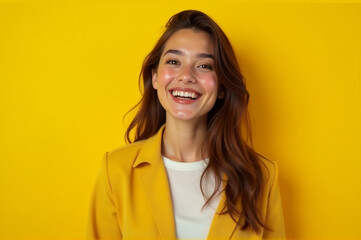A happy woman wearing a bright yellow jacket and smiling directly at the camera