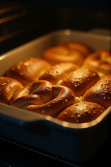 A baking dish filled with pretzels sitting on top of an oven