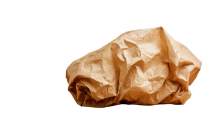 Crumpled brown paper bag resting on a transparent background, creating a textured and abstract form with wrinkles and folds, suitable for various design and artistic projects
