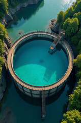 Aerial shot of a large pool surrounded by trees and foliage