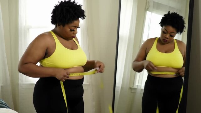 Black woman in yellow sports bra examining body in mirror, body positivity and fitness journey self-reflection concept