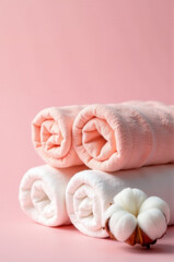 A stack of colorful towels sits on a wooden table, ready for use