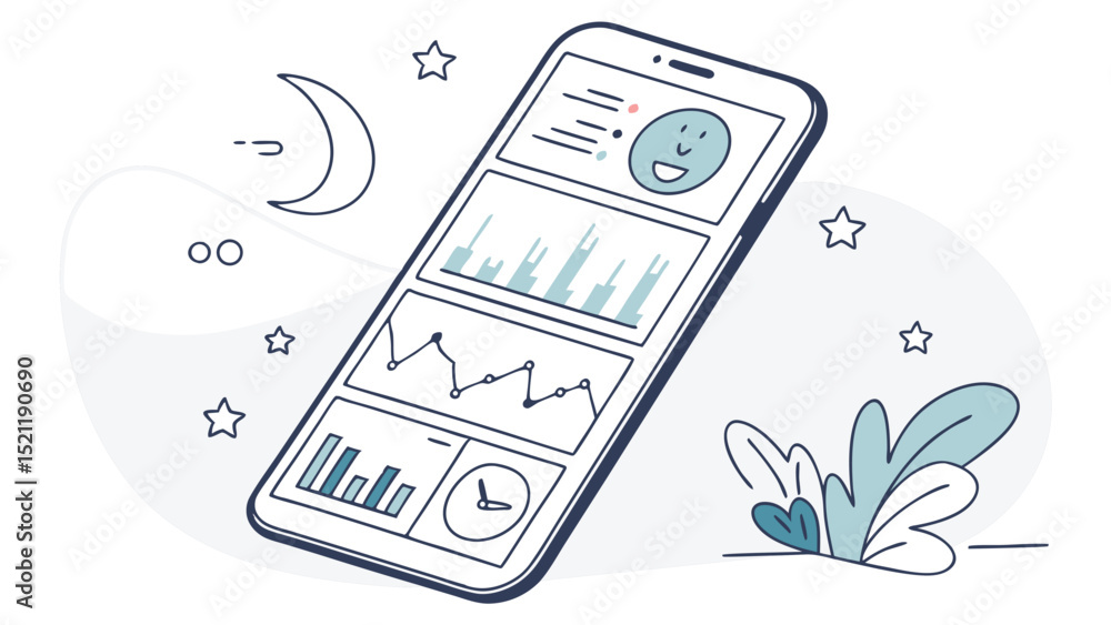 Poster illustration of a smartphone displaying various data charts and a profile icon at night setting