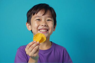 A young boy enjoying a snack with his fingers, great for editorial or advertising use