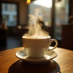 Steaming Coffee Cup on Wooden Table with Sunlit Background