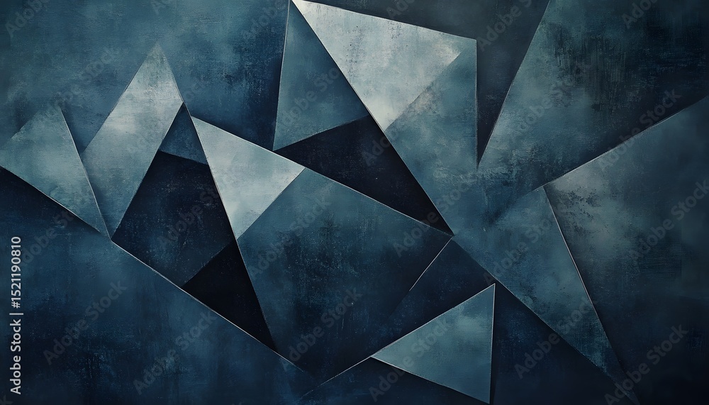 Poster abstract geometric design of layered triangles in deep blues and grays.