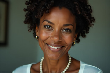 Portrait of a smiling woman wearing a pearl necklace