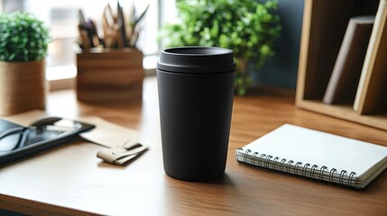 reusable coffee mug on a desk with a notebook.