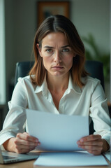 A woman looks at a piece of paper, possibly studying or taking notes
