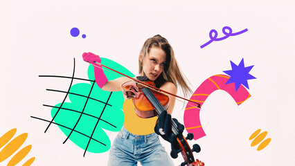 Woman with long hair playing violin in yellow top and jeans with colorful doodles and abstract...
