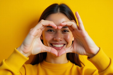A woman creates a heart shape with her hands