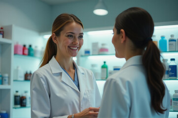 Two women in white lab coats discuss scientific research and findings