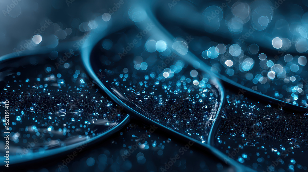 Poster glossy curved shapes resembling water droplets on surface with abstract bokeh background in vibrant 