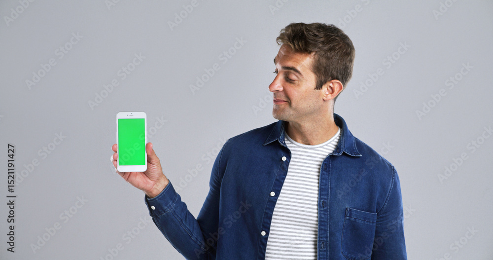 Poster man, advertising or phone with green screen in studio for new app on a white background. male person