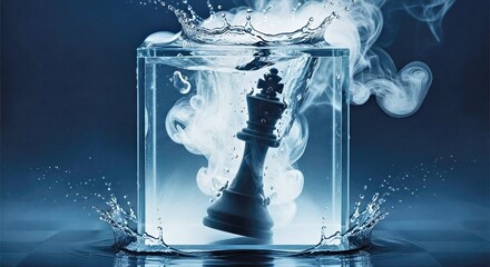 A symbolic image of a black king chess piece partially submerged in reflective water, creating a powerful visual with ripples. This represents strategy, challenge, and depth in decision-making.