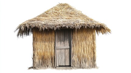 A small, rustic thatched hut with a wooden door, isolated on a white background.  The thatch is dry, light brown, and extends beyond the walls.  The door is simple and dark brown