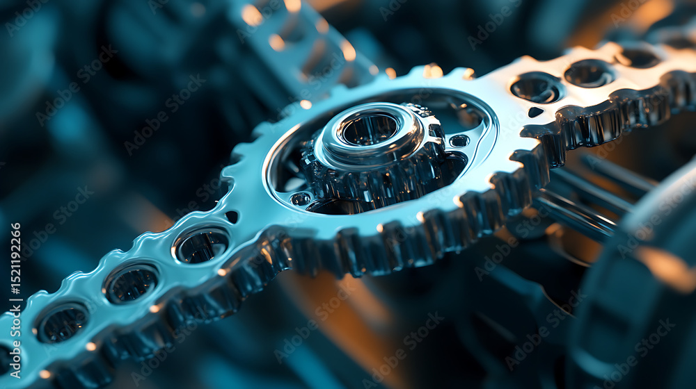 Poster a close up of a gear with a shiny surface. the gear is part of a larger machine