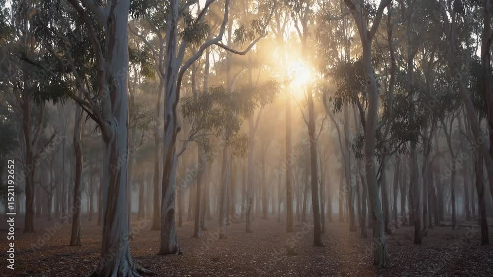 Poster soft sunlight filtering through misty eucalyptus trees, casting golden rays and creating ethereal wo
