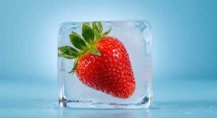 Fresh Strawberry Frozen in an Ice Cube on Blue Background
