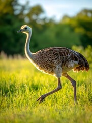 An ostrich runs across the grassland, bathed in soft sunlight