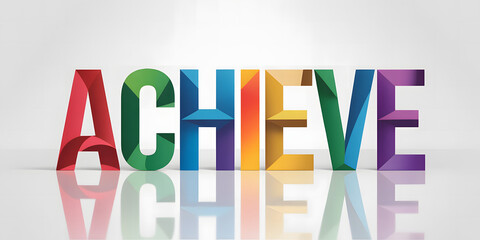 "ACHIEVE" text in bold multicolor 3D style with white background and reflection
