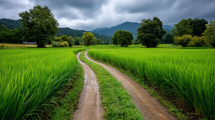 Obraz premium Verdant rice fields cradle curving path