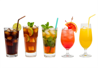 A selection of colorful drinks in glasses filled with ice, each garnished with fruits and herbs.