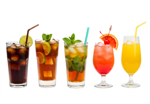 A selection of colorful drinks in glasses filled with ice, each garnished with fruits and herbs.