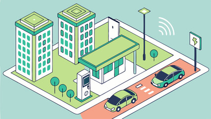 Isometric view of a city with buildings charging station and electric cars on a light blue background