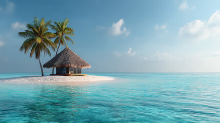 Obraz premium Isolated Tropical Island with Single Hut and Palm Trees Under Bright Blue Sky and Clear Water Surrounding It
