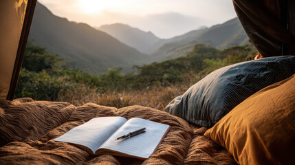 Serene Tent Setup with Soft Pillows, Open Journal, and Pen Overlooking Majestic Mountain Landscape at Sunset
