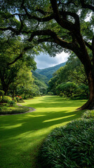 Verdant valley framed by ancient boughs