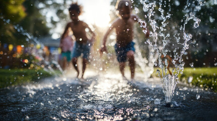 Joyful Kids Playing with Sprinkler in Front Yard, Enjoying Warm Summer Day, Refreshing Water Fun and Laughter