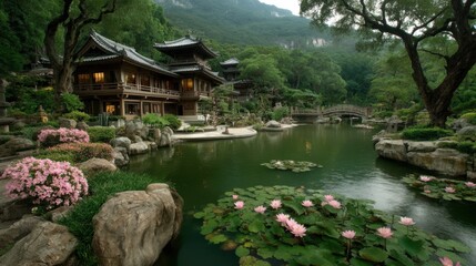 Naklejka premium A serene Thai garden with a traditional pavilion by a koi pond, lotus flowers blooming on water surface