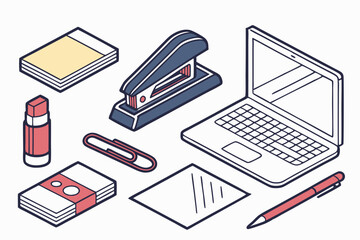 Isometric view of office supplies including laptop stapler and paper with pen and glue stick shown, vector art