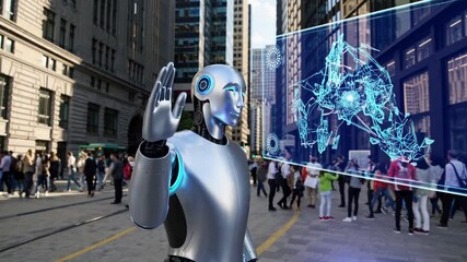 Humanoid robot navigating city streets, displaying interactive digital map on transparent holographic screen in bustling urban environment - Powered by Adobe
