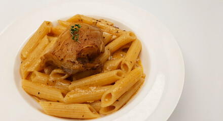 Delicious White Plate Italian Cuisine Dish Penne Ala Vodka Pasta Yellow Spicy Creamy Curry Sauce Topped Chicken Breast Cheese Fresh Green Basil Leaf Breakfast Morning Healthy High Angle Studio Photo