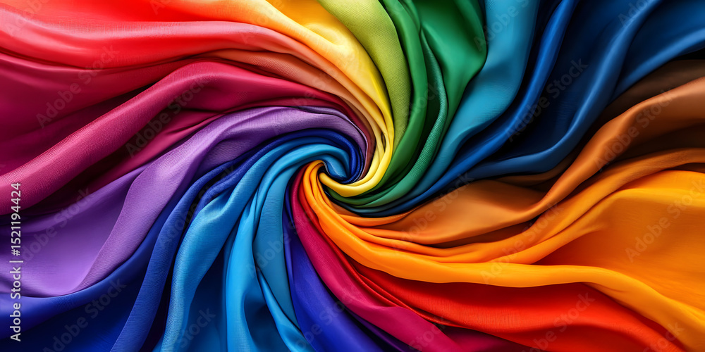 Poster a vibrant spectrum of colorful fabric folds spiraling towards the center, creating a dynamic and eye