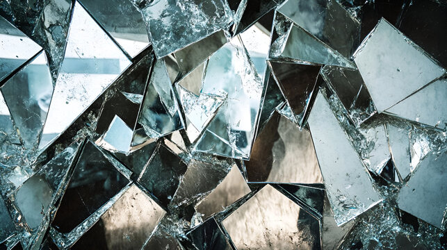 A series of fragmented mirrors reflecting broken images, symbolizing the fractured nature of truth and the multiplicity of perspectives