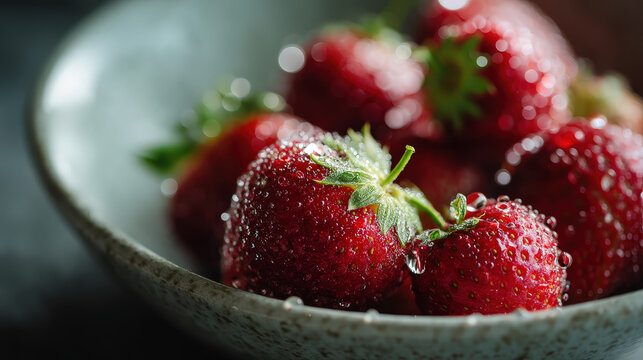 Macro Shot of Dewy Strawberries Nestled in a Rustic Ceramic Bowl on a Dark Background