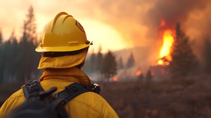 Naklejka premium Firefighter battling a raging wildfire near a mountain cabin