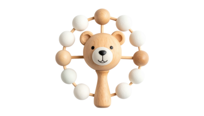 Wooden baby rattle with bear face and soft balls isolated on solid white background in Png.