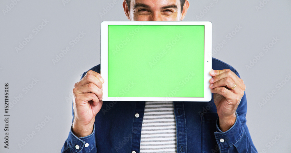 Aufkleber man, hands and tablet with green screen for presentation or advertising on white background. male pe
