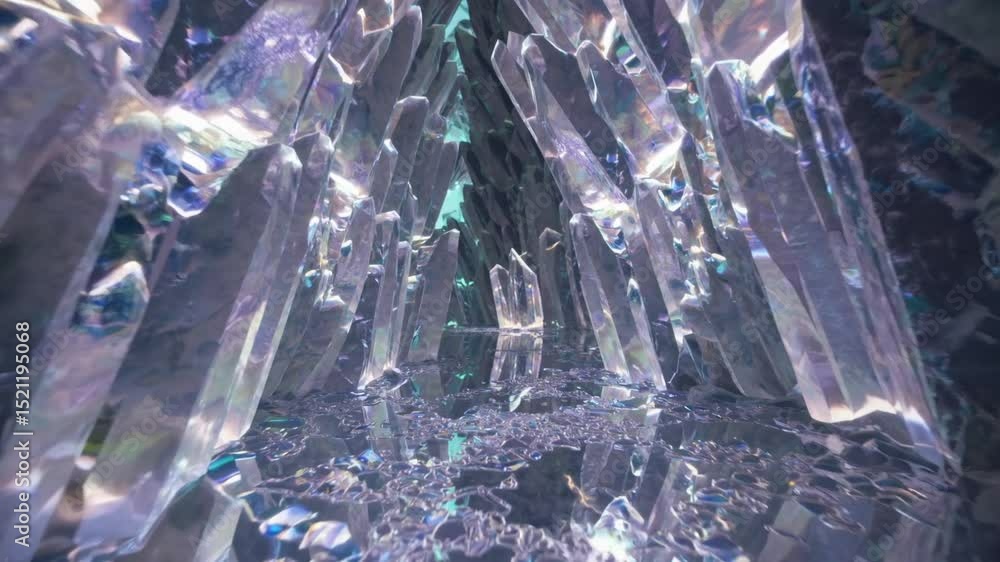 Poster luminous crystal canyon revealing glowing iridescent formations, navigating mesmerizing geological s