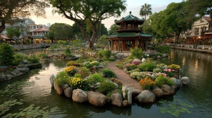 Naklejka premium A Thai-style floating garden on a calm lake, filled with tropical flowers and water lilies