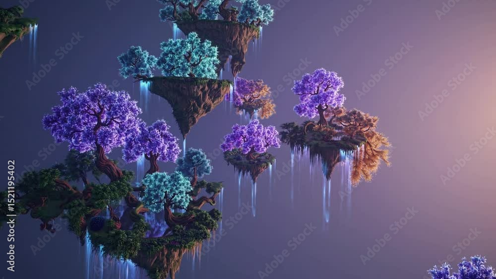 Poster luminescent trees growing on suspended landmasses gradually shifting hues, transforming from deep az